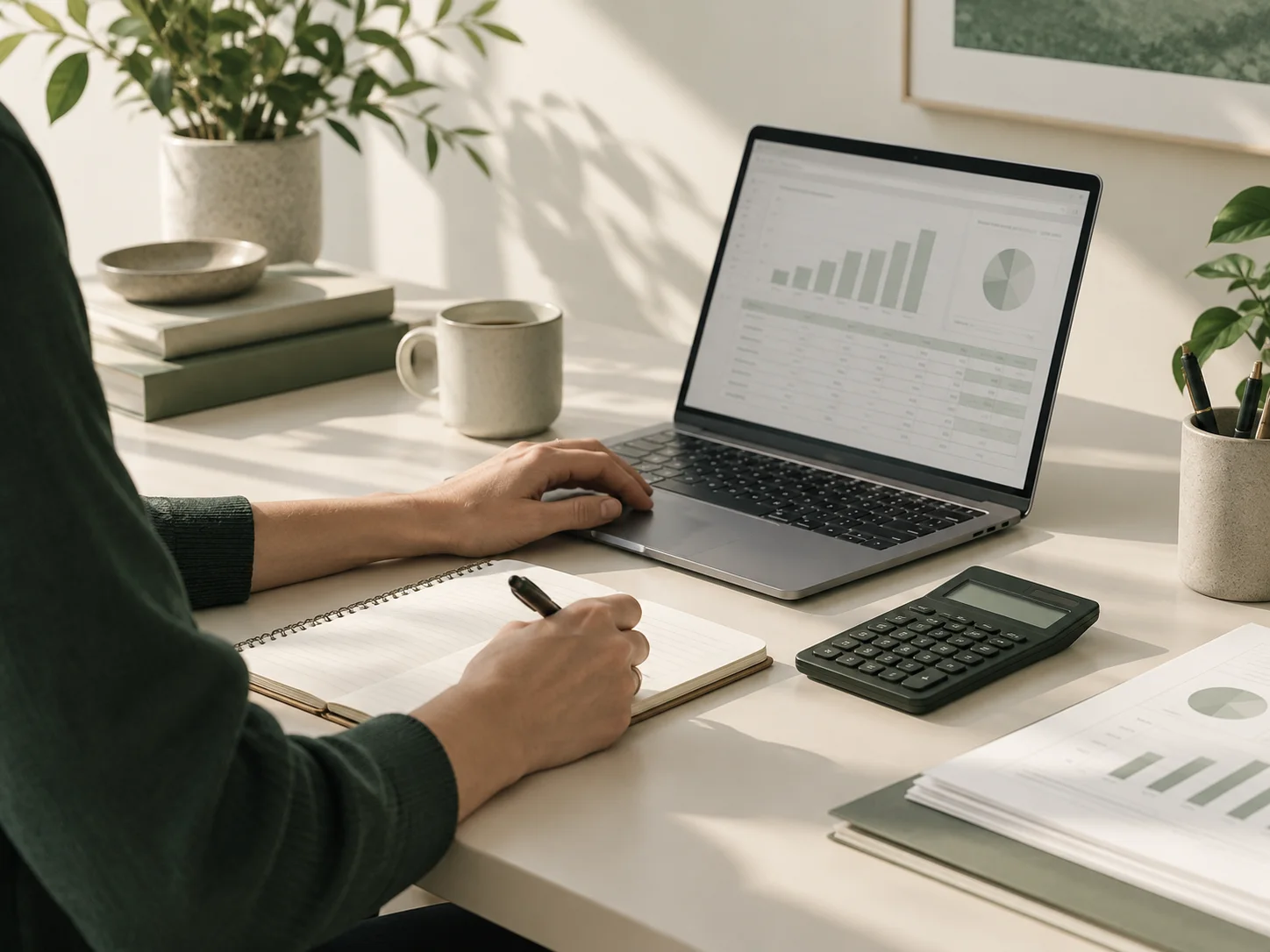 A financial dashboard, notebook, and calculator on a sunlit desk