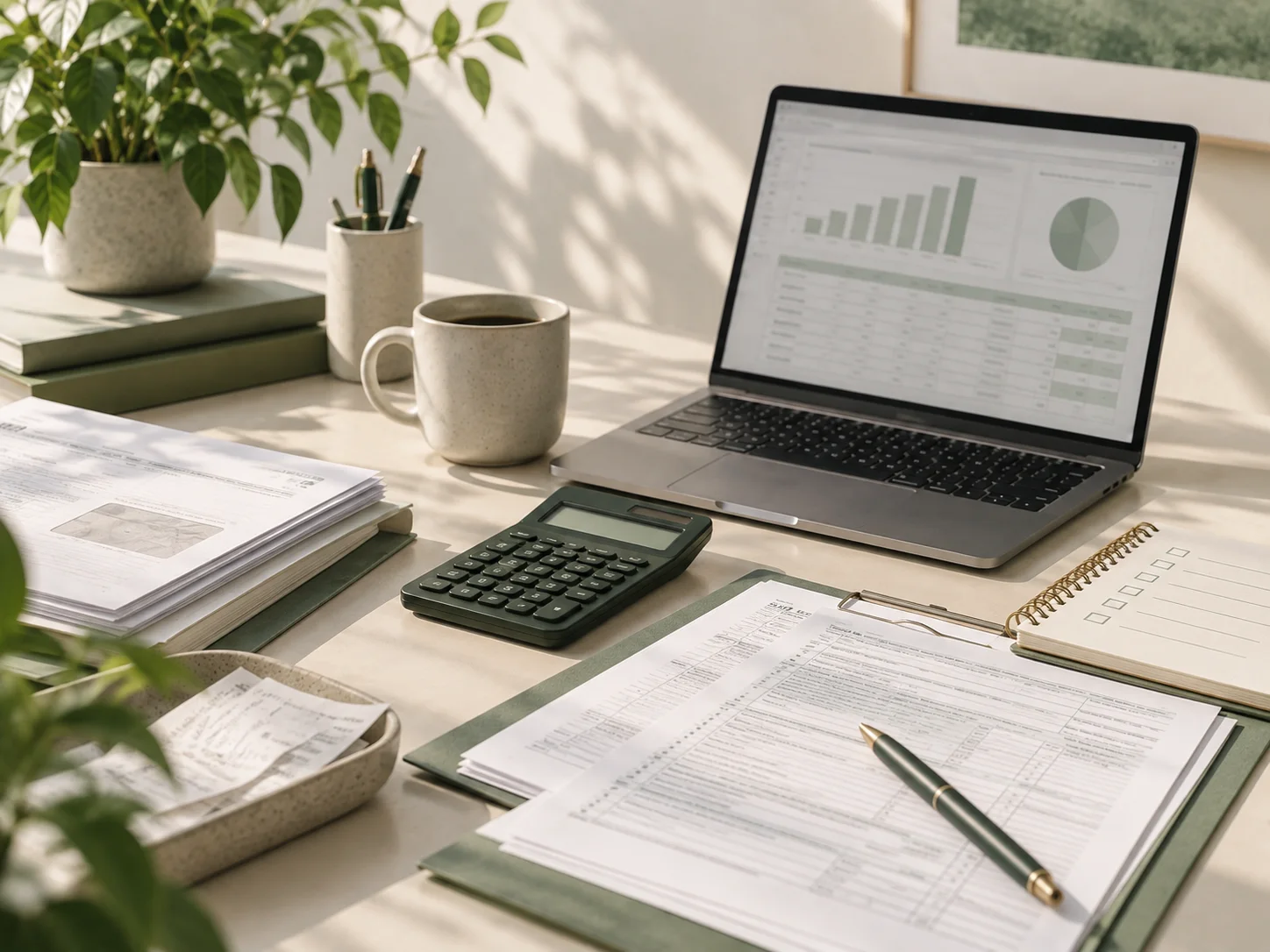 A tidy accounting workspace with tax documents, a laptop, and a calculator