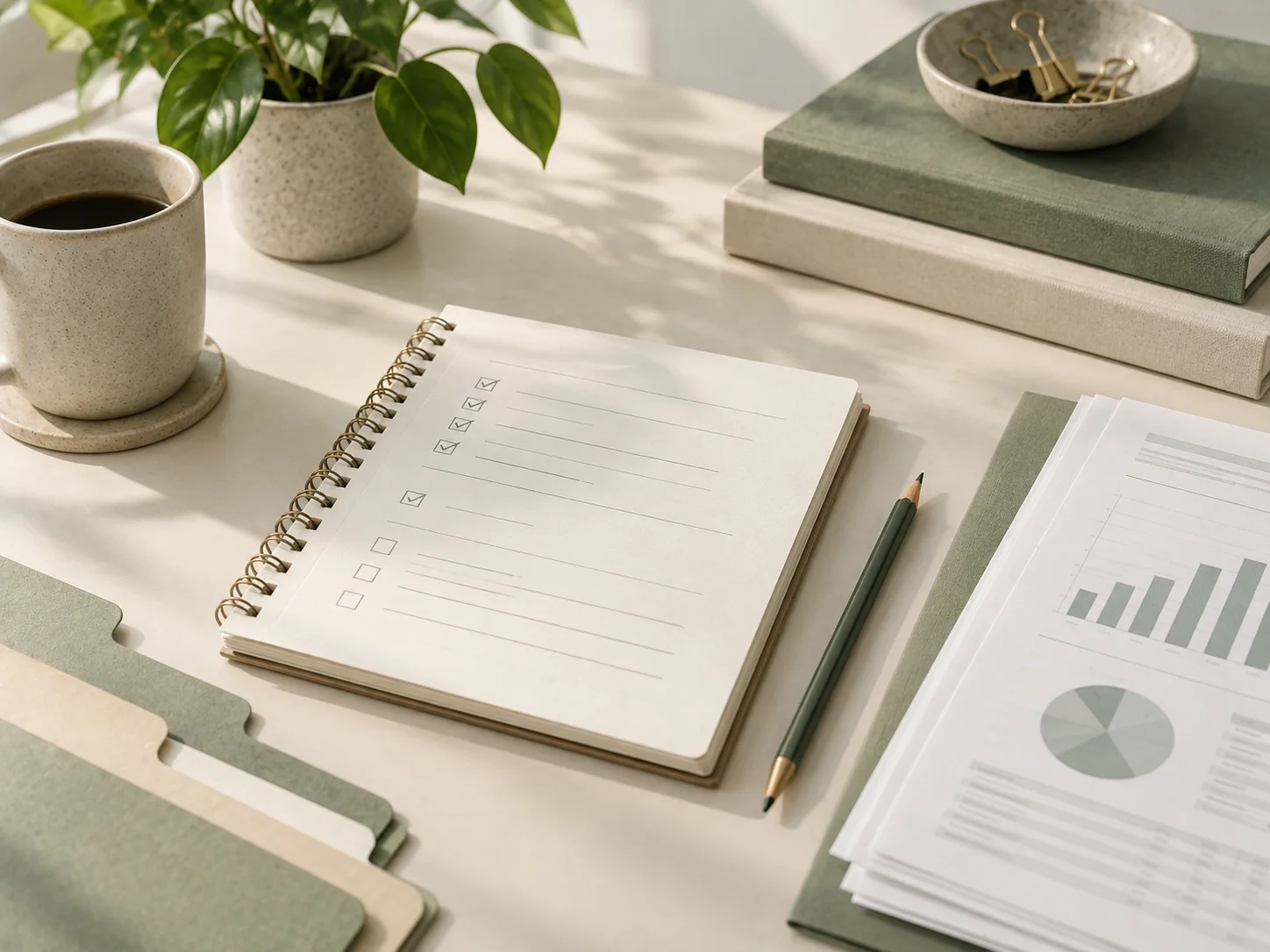 A notebook checklist beside financial reports and organized folders