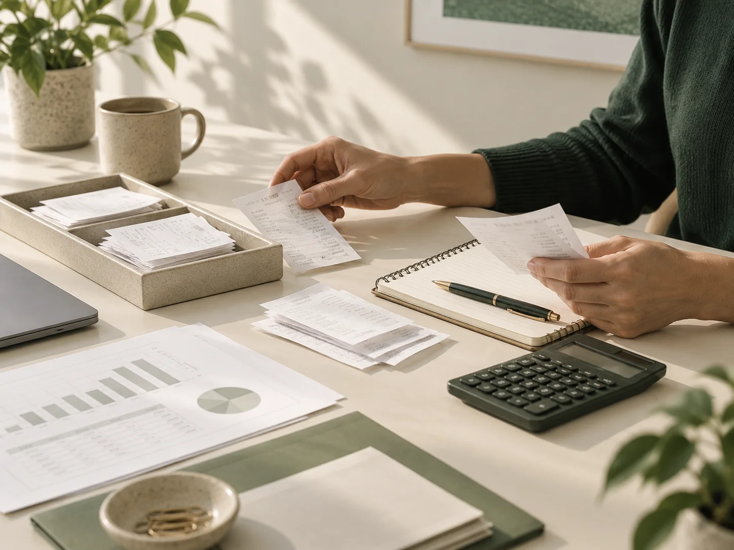 Receipts, reports, and a calculator arranged for bookkeeping review